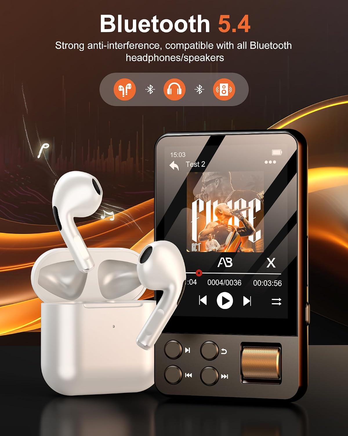 Detalle de AGXOV Lecteur MP3 Bluetooth 5.4 avec écran tactile 2,4" et carte TF 128 Go — multiformat et hors ligne