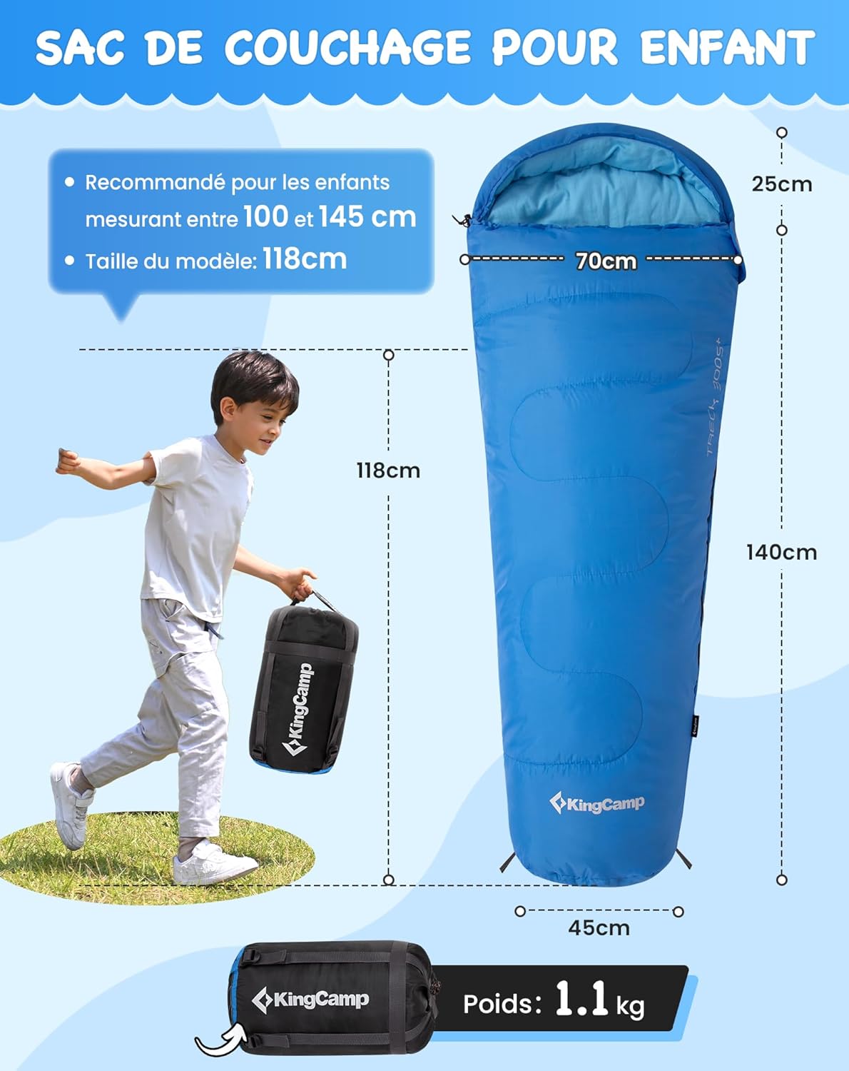 Thumbnail 1 de KingCamp sac de couchage enfant en flanelle coton (momie) 6 à 10 ans, jusqu’à 100–145 cm, compact et chaud