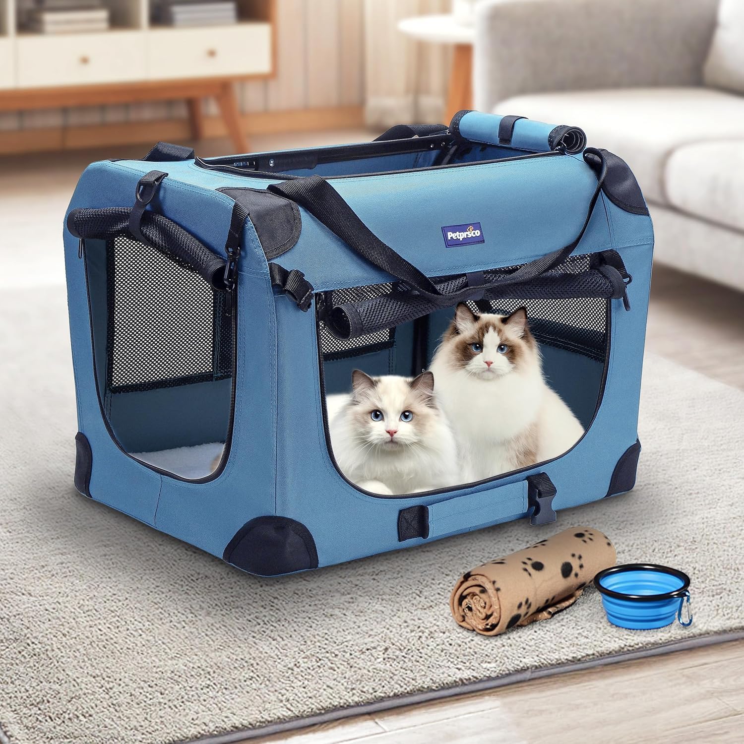 Thumbnail 1 de Petprsco Portable Collapsible Dog Crate Travel Carrier (60x42x42cm) with Blanket & Foldable Bowl