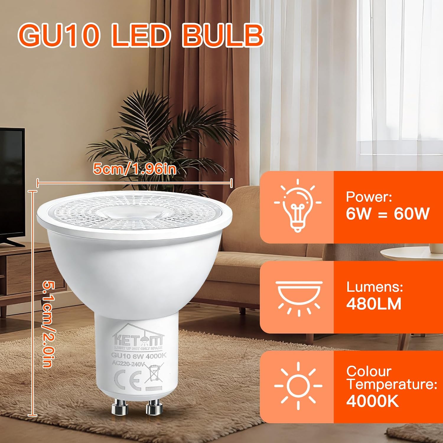Detalle de Ketom GU10 LED 6W 4000K 6 pezzi