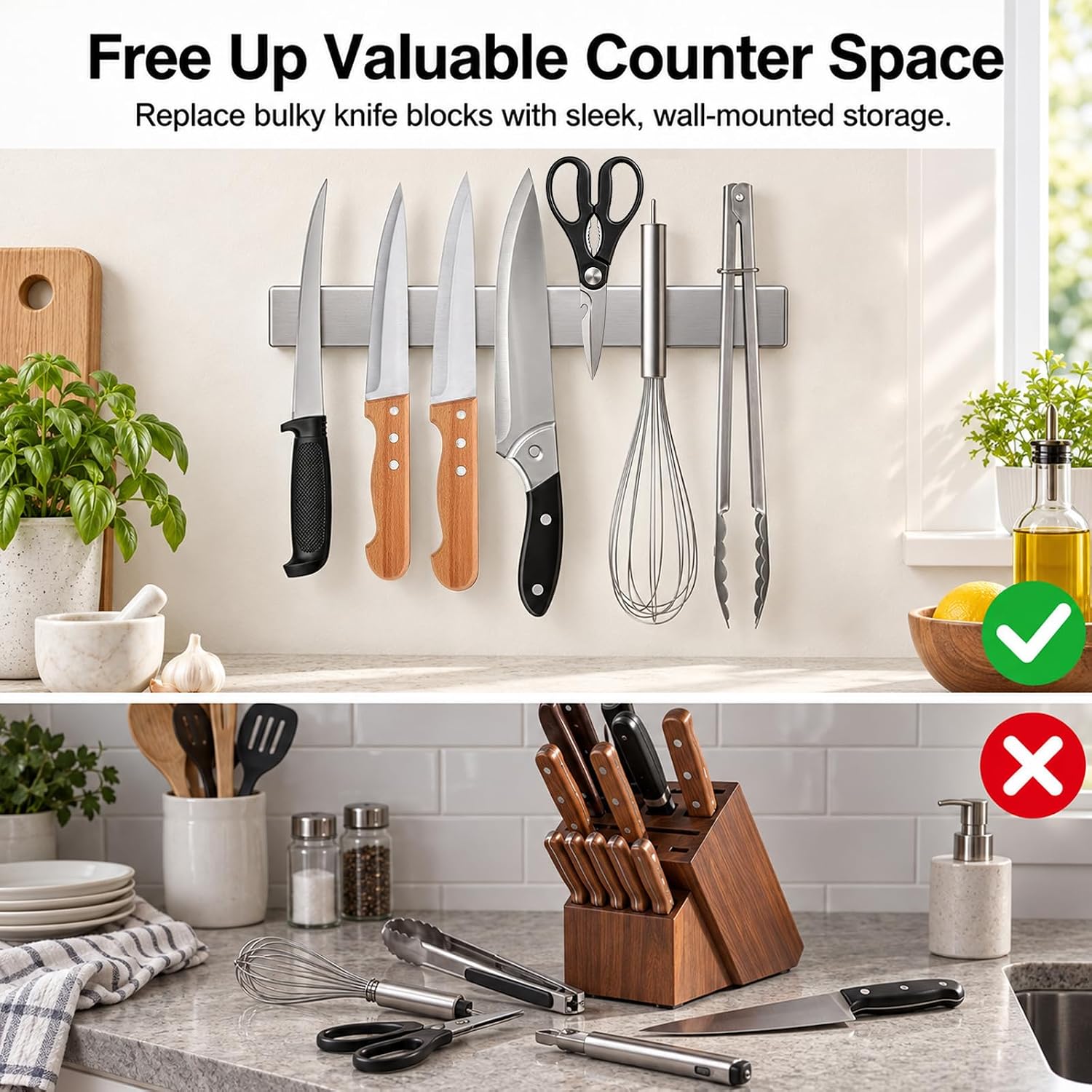 Detalle de Ninonly 12-Inch Magnetic Knife Holder, 304 Stainless Steel, Adhesive or Screw Mount