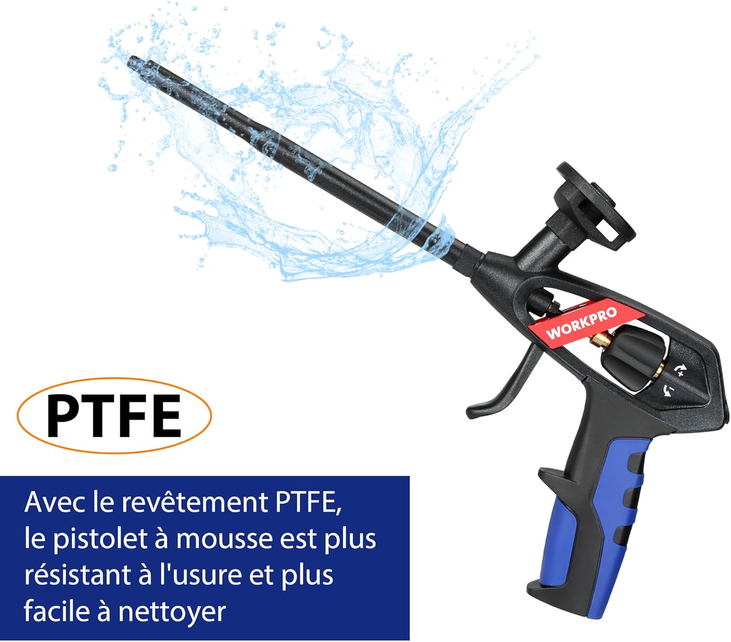 Detalle de WORKPRO Pistolet Mousse Polyurethane – Pistolet à mousse expansive à poignée à une main et sortie réglable