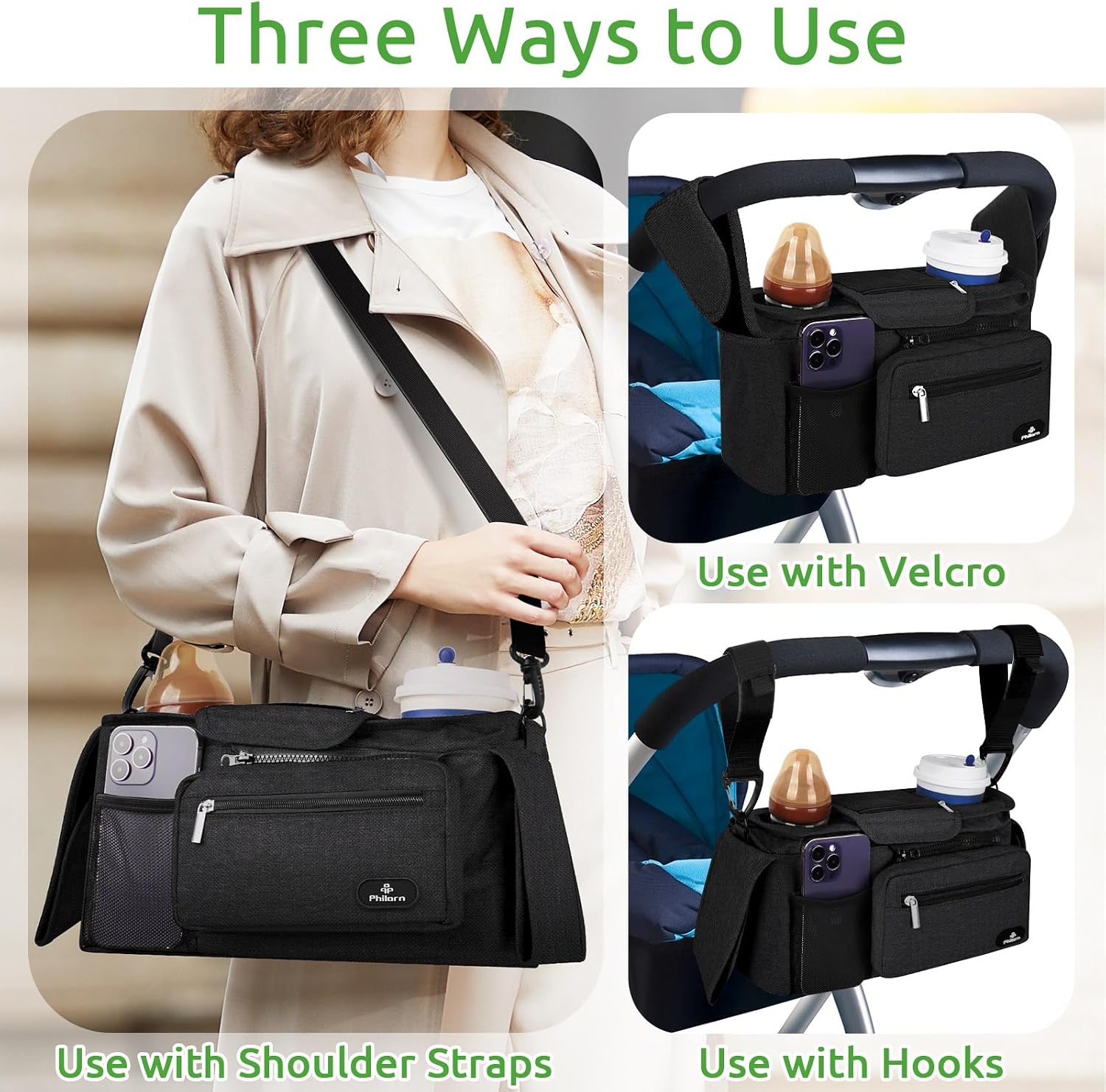 Thumbnail 4 de Philorn Baby Pram Bag with Insulated Cup Holders – Universal Stroller Organiser