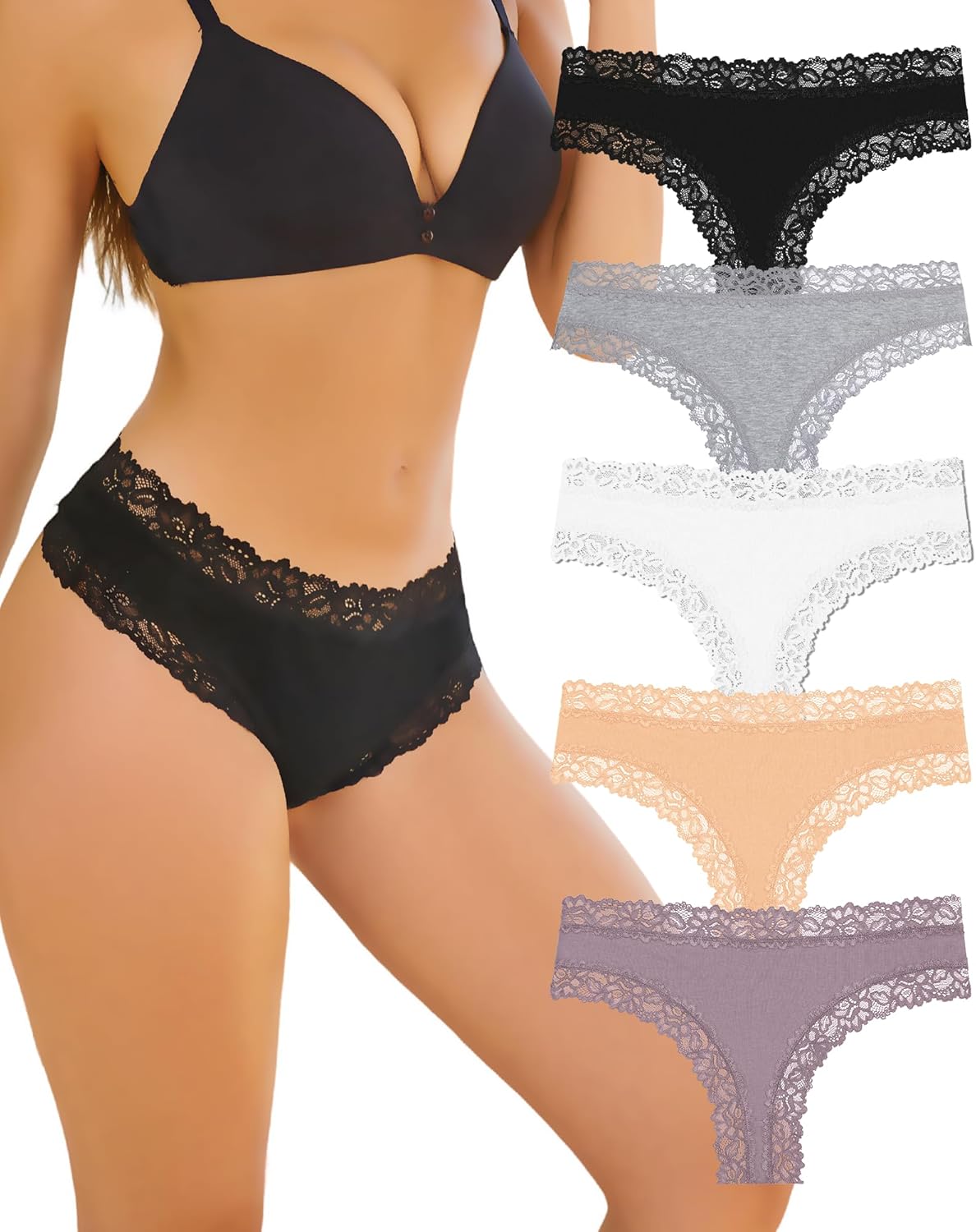 Thumbnail 6 de ALL OF SHE Damen-Unterhosen im 5er Pack aus Baumwolle mit Spitze (Brazilian, Hipster)