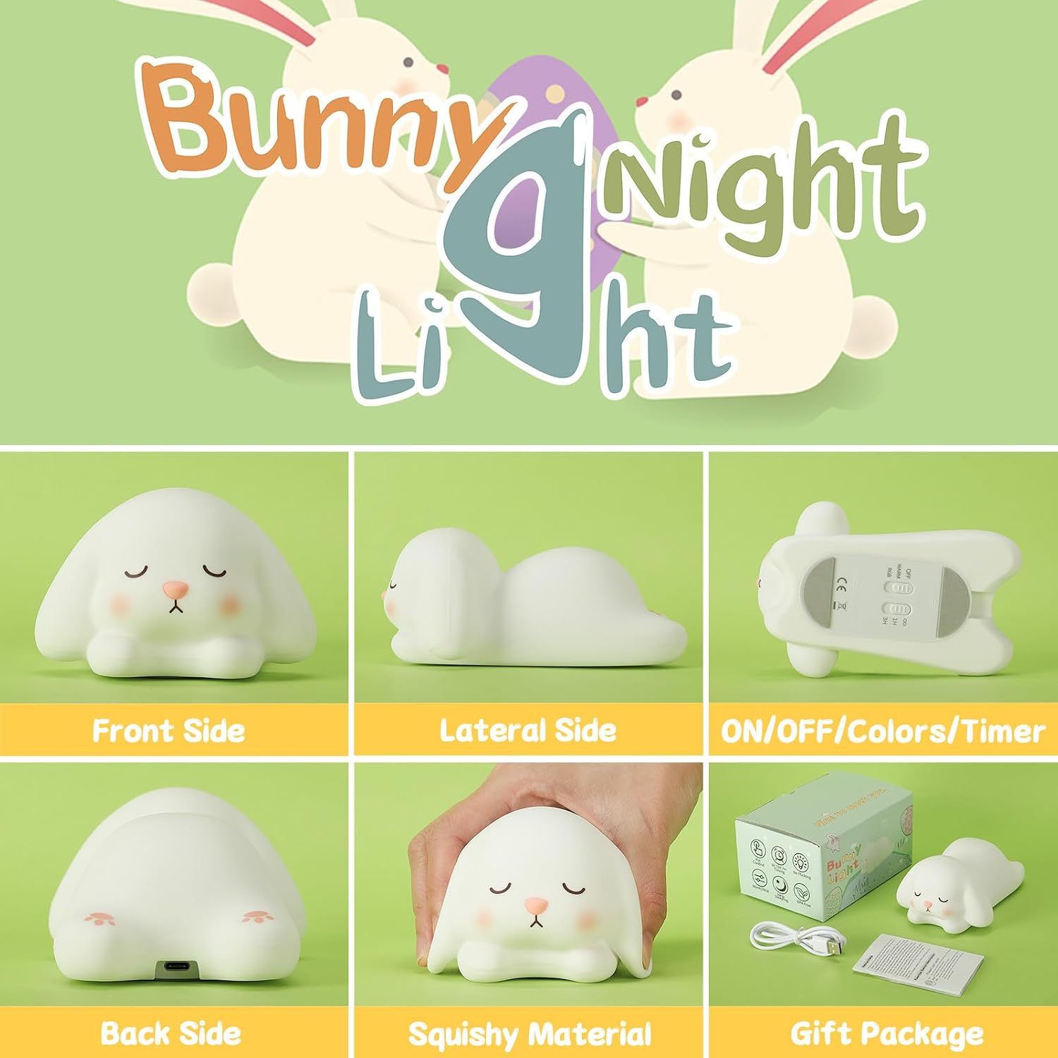 Detalle de ZKLiLi mignon lapin en silicone pour enfants : veilleuse tactile USB (7 variations de couleur)