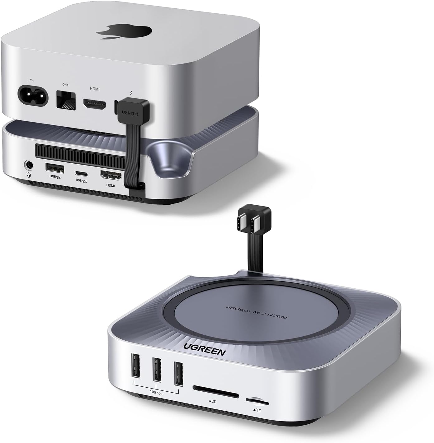 Detalle de UGREEN Mac mini M4 Dock: SSD-Erweiterung, 40Gbps NVMe, 5× 10Gbps Ports und 8K/4K-Display