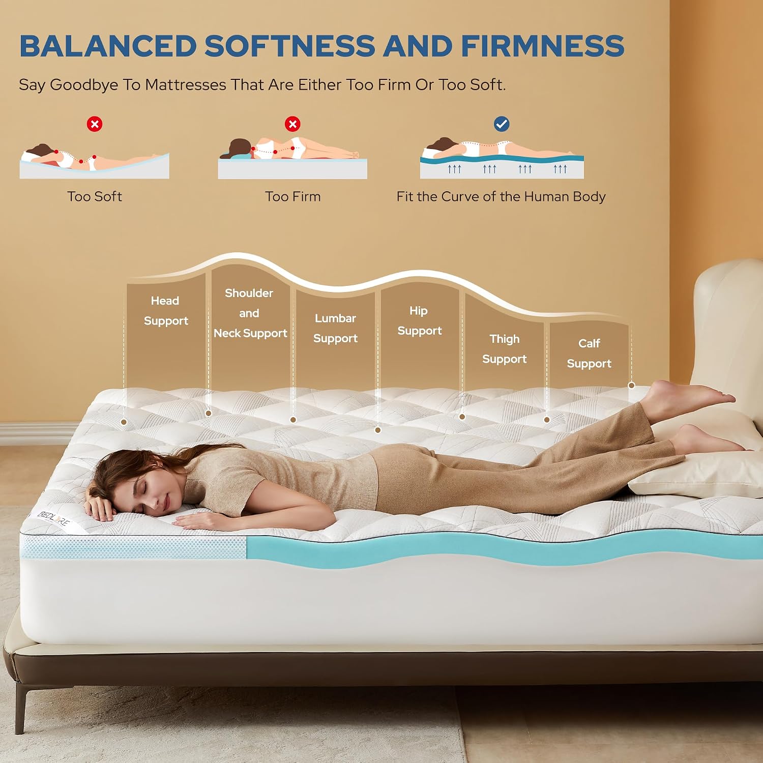 Thumbnail 5 de BEDLORE Double Mattress Topper (2-in-1 Dual Layer: 2" Gel Memory Foam + 2" Plush Cover) – Medium-Firm, OEKO-TEX Certified