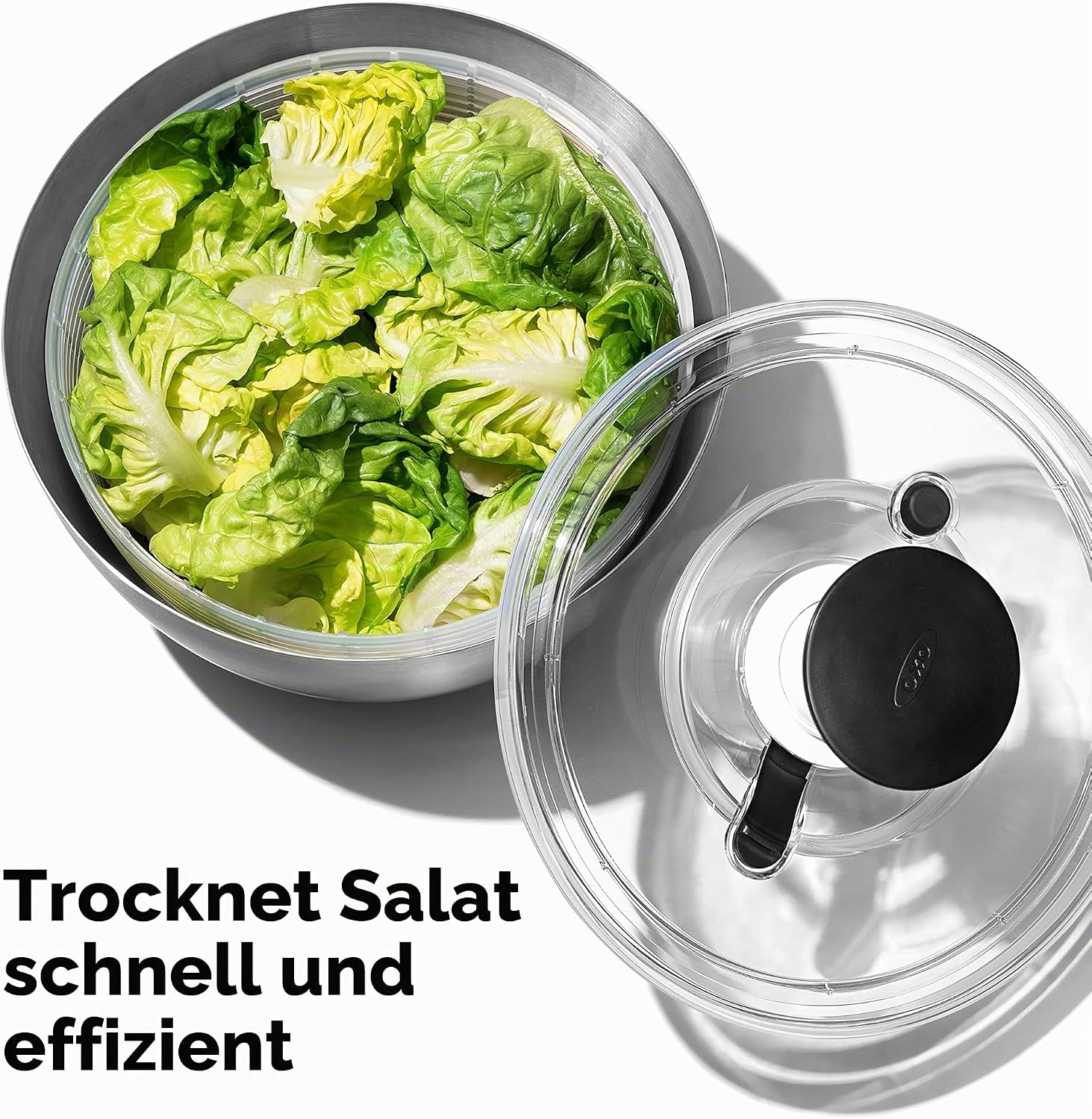 Detalle de OXO Steel Salatschleuder aus Edelstahl mit Deckel – Einhand-Pumpe, integrierte Bremse, Korb auch als Sieb verwendbar
