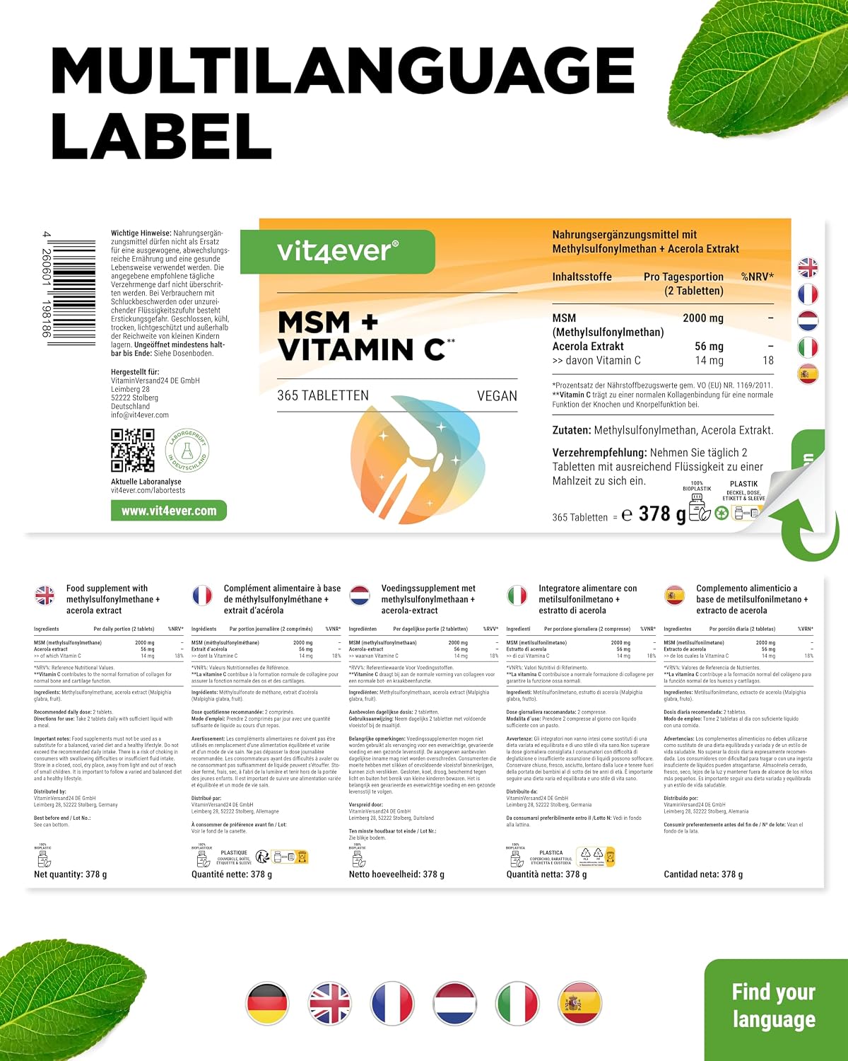 Detalle 2 de vit4ever MSM 2000 mg mit Vitamin C aus Acerola – 365 Tabletten (6-Monatsvorrat, vegan, laborgeprüft)