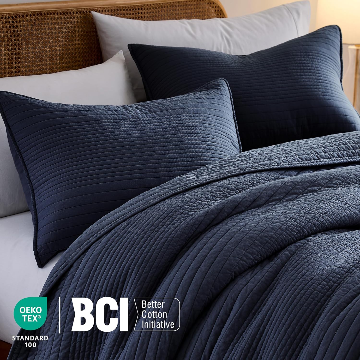 Detalle de palassio Queen Striped Channel Quilt Set, 100% Cotton, Navy Blue