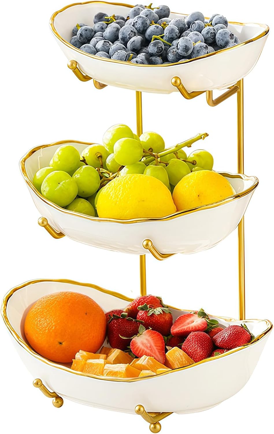 Thumbnail 6 de HOMKULA 3-Tier Ceramic Fruit Bowl with Gold Metal Stand (Small)