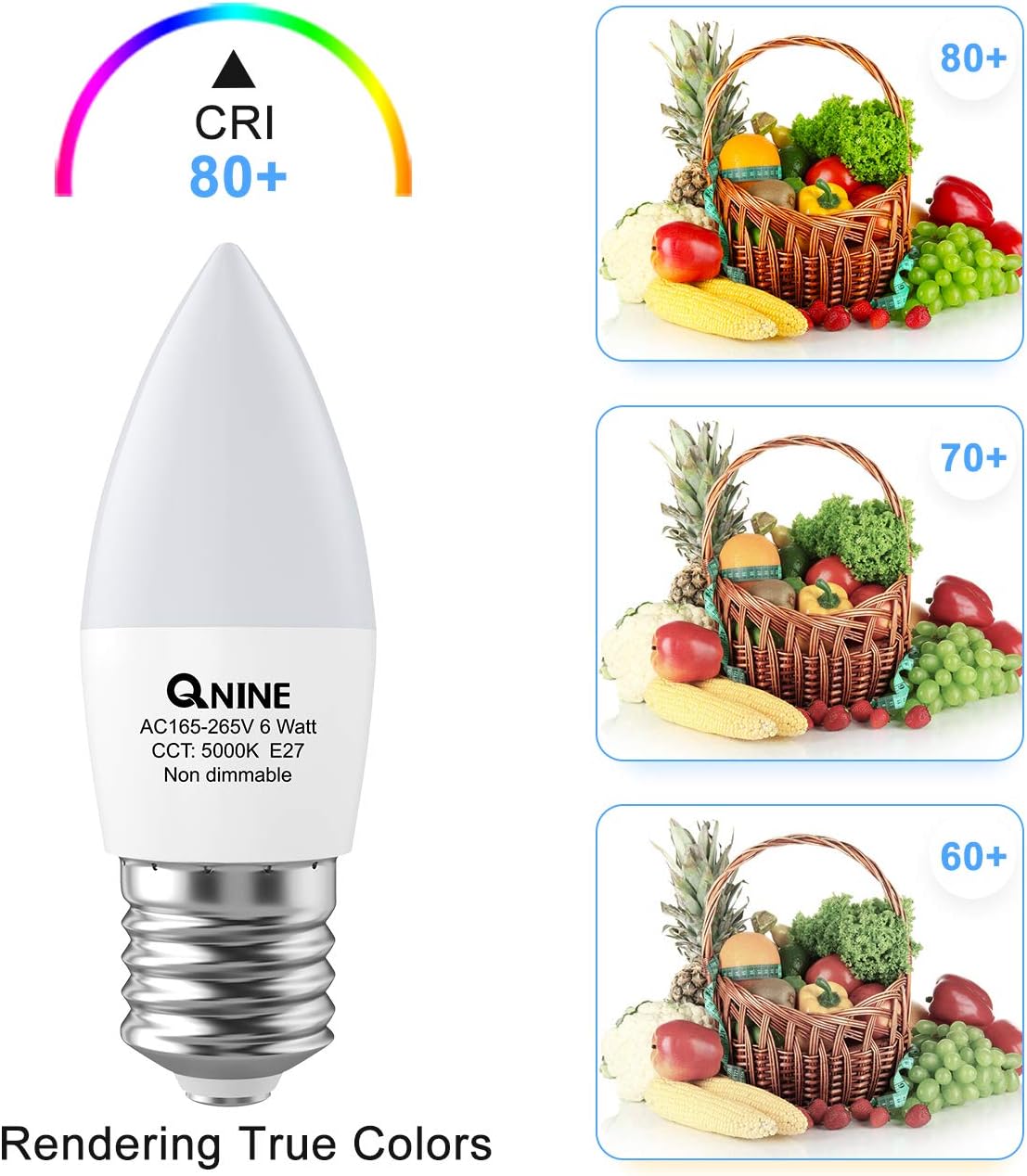 Detalle de QNINE 12-Pack Cool White E27 LED Candle Bulbs, 6W (60W Equivalent), 540lm, 5000K, Non-Dimmable