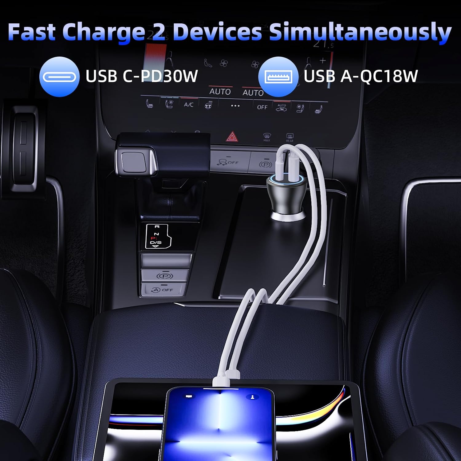 Detalle de Caricatore Auto 2 Porte Metallo 48W USB‑C PD 30W + USB-A QC3.0 18W per accendisigari 12V/24V