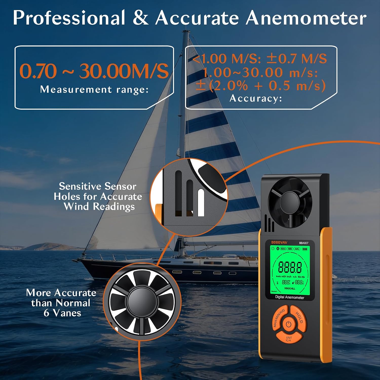 Detalle de BOBOVAV handheld anemometer, 6 wind speed units
