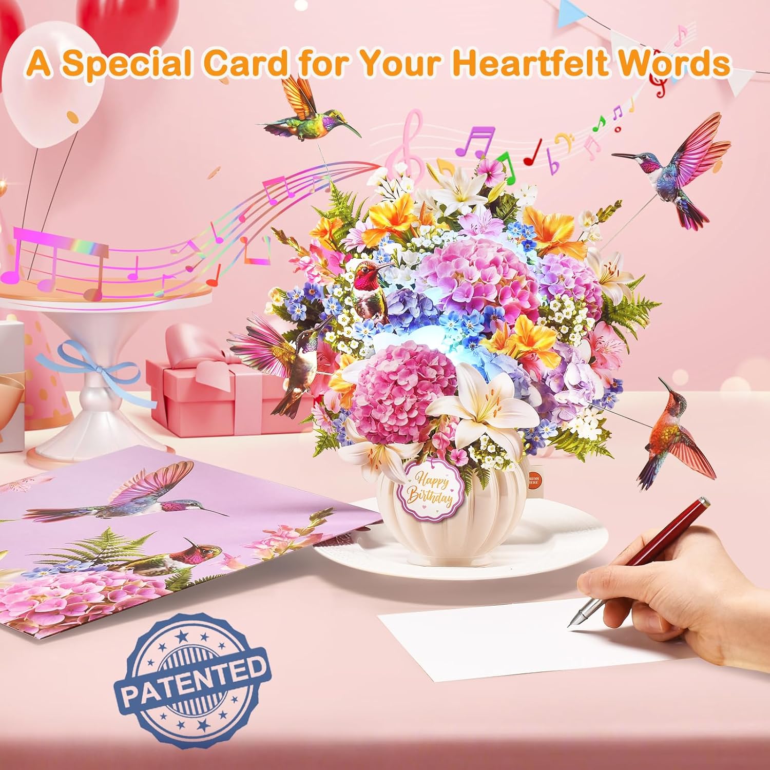 Thumbnail 3 de VIVIKEN Musical Hummingbird Pop-Up Birthday Card with Lights, A5 Floral Design