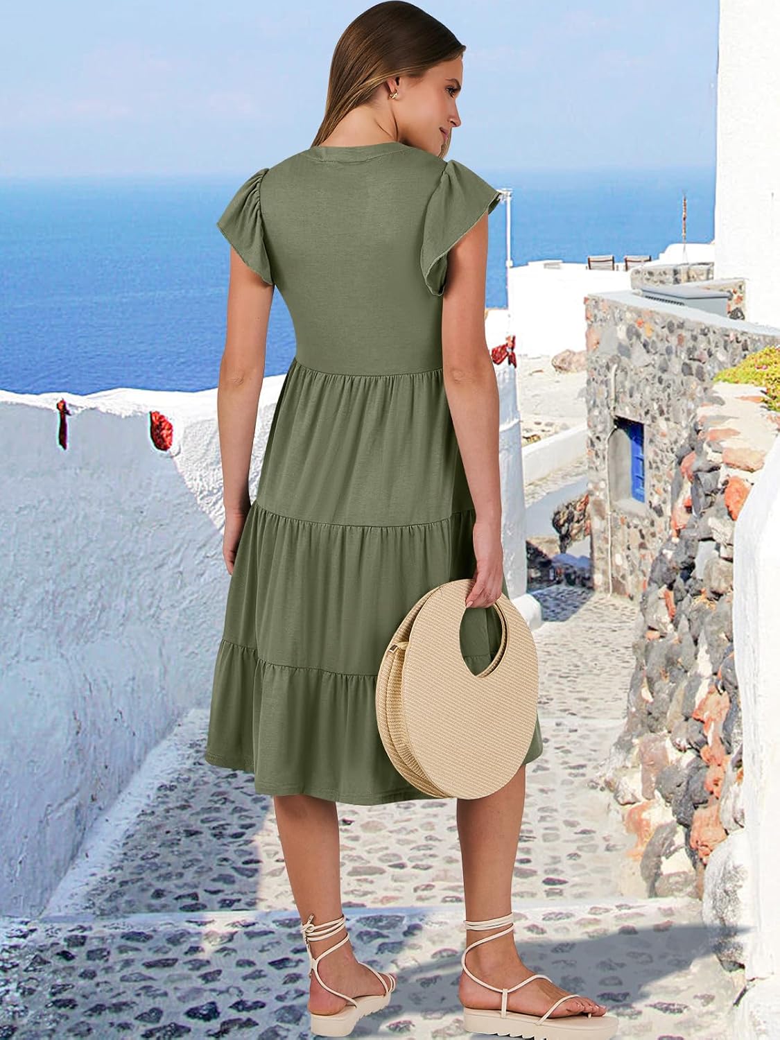 Detalle 2 de ANRABESS Women’s Summer Ruffle Sleeve V-Neck Midi Dress (Tiered Boho Style)