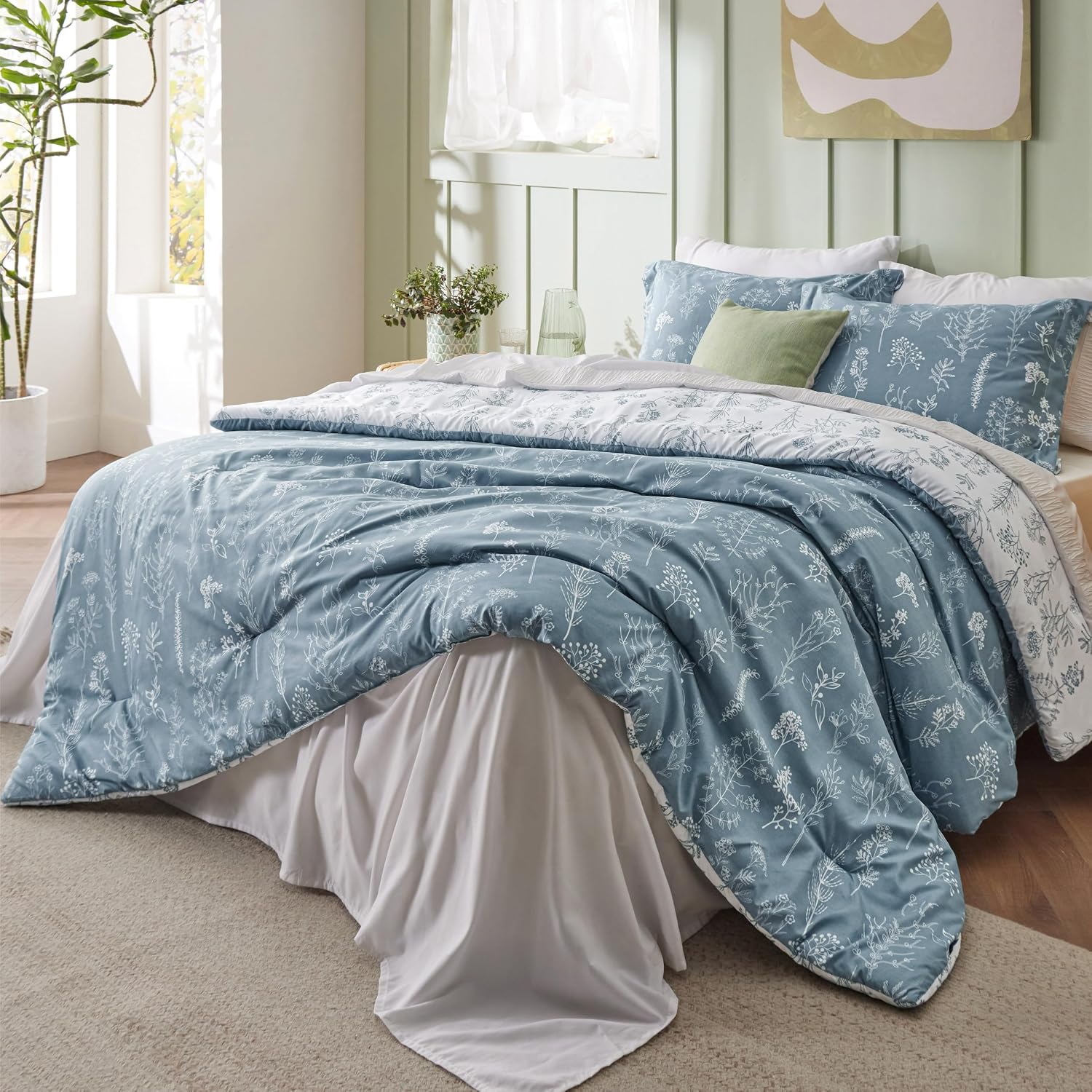 Detalle 2 de Bedsure Floral Comforter Set, Full Reversible Mineral Blue Bedding