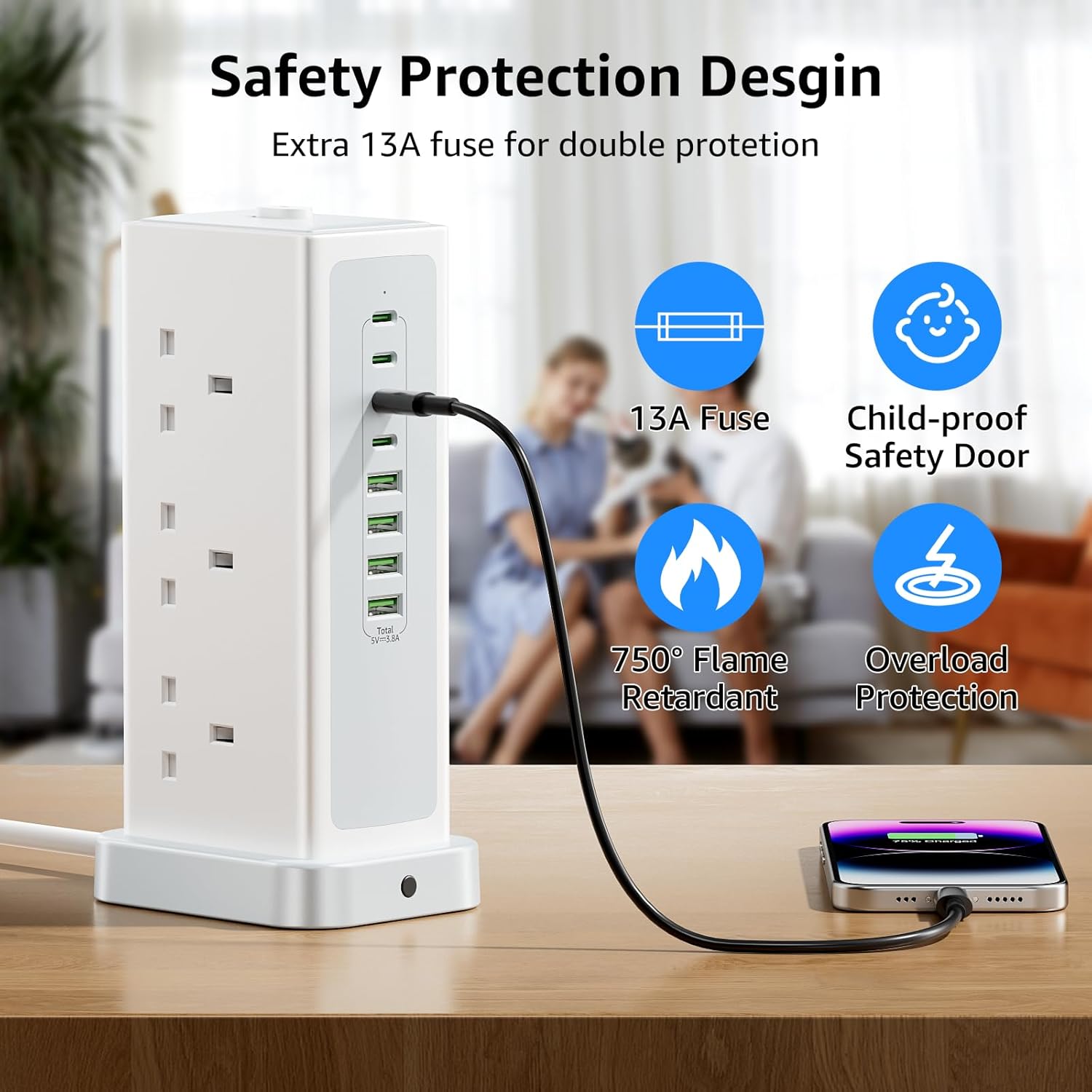Thumbnail 4 de Tower Extension Lead with USB Slots 6 Way 13A 3250W
