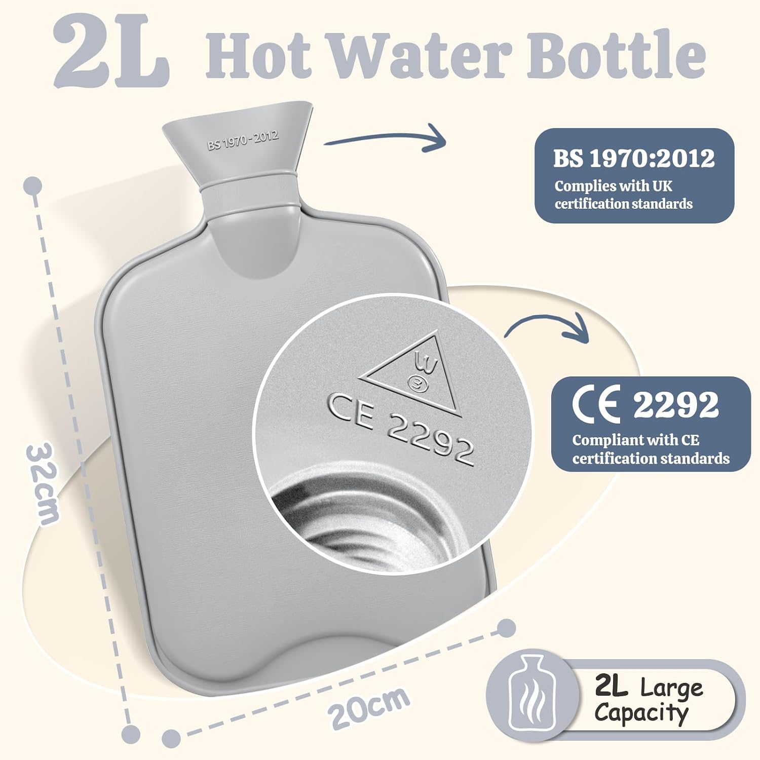 Thumbnail 1 de HAOCEE Wärmflasche mit Bezug (2 L) mit Känguru-Tasche – grau
