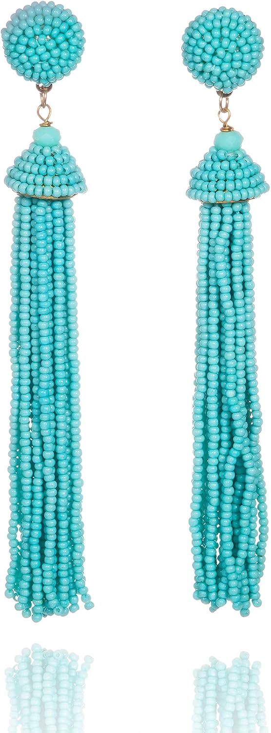 Detalle de Zavana Orecchini lunghi boho chic con nappe e perline blu turchese, fatti a mano