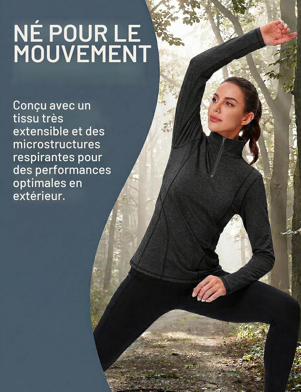 Detalle de Terecey Tee Shirt Sport Femme Manche Longue avec Zip 1/4 — Confort Thermique pour Automne/Hiver