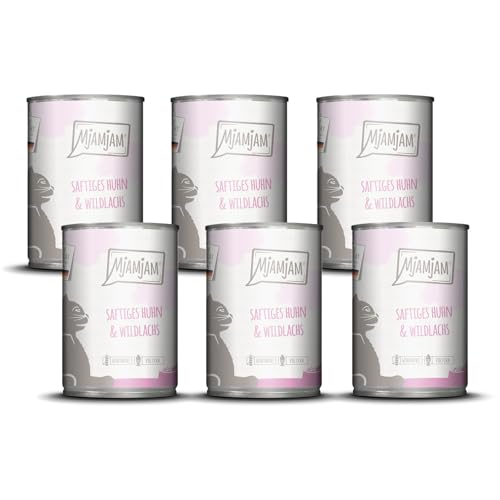 Detalle de MjAMjAM Premium Nassfutter für Katzen – saftiges Huhn und Wildlachs (6 x 400 g) getreidefrei