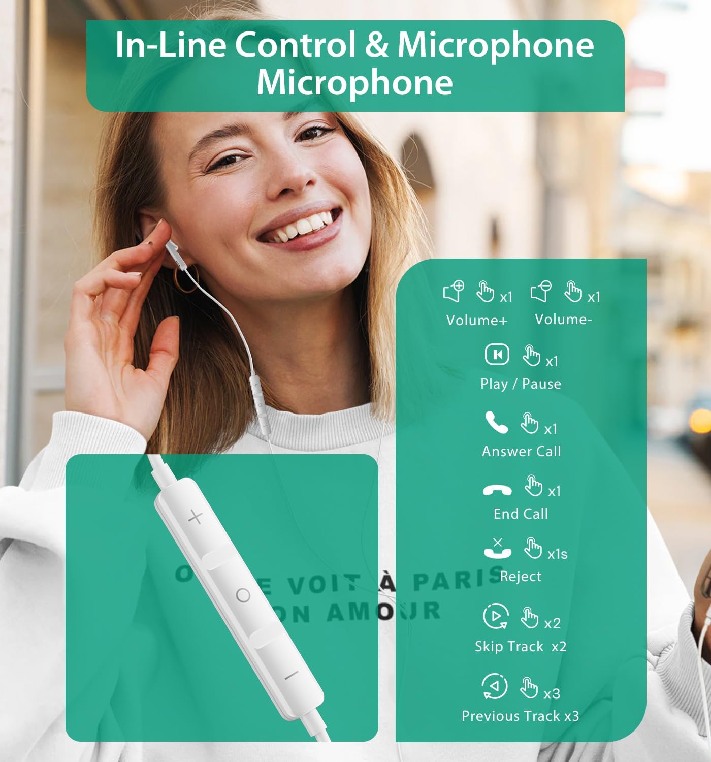 Thumbnail 1 de USB C Earphones with Mic for iPhone, Samsung and more – Wired Type-C Headphones (White)