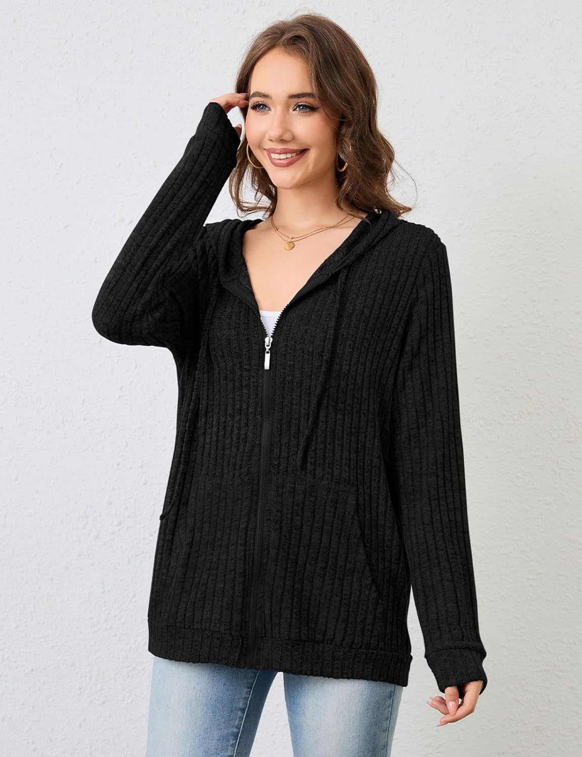 Detalle de Flikity Damen Zip Hoodie Reißverschluss Sweatjacke mit Kapuze – Vielseitige Basic-Jacke