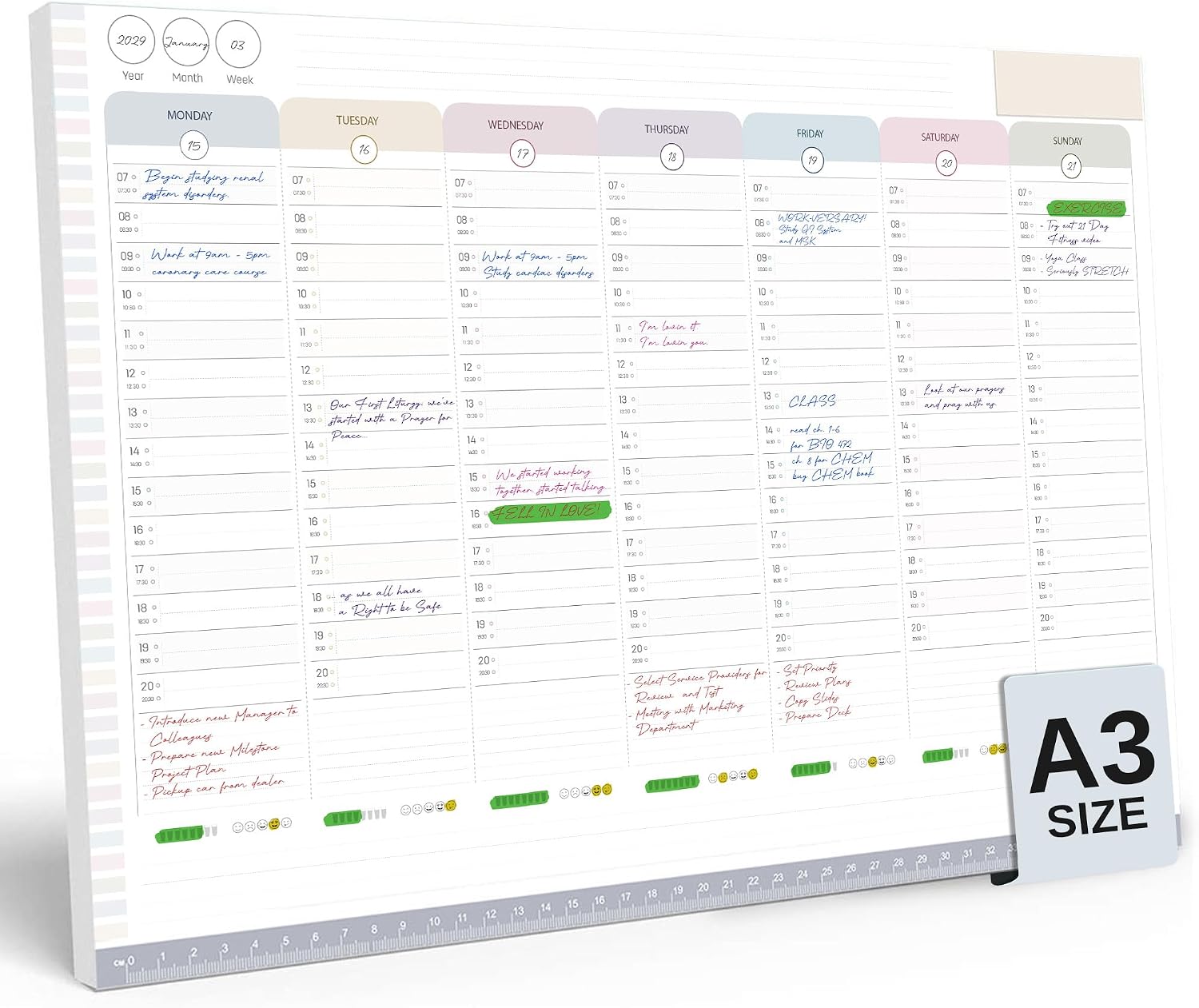 Detalle de A3 Large Weekly Planner Pad – 7am to 8pm Timeslots for Precise Planning