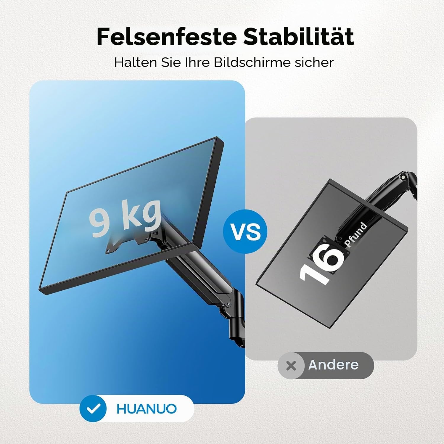 Detalle 2 de HUANUO Monitorhalterung 3 Monitore für 13–27 Zoll – Gasfederarm, 8 kg je Arm, VESA 75x75/100x100