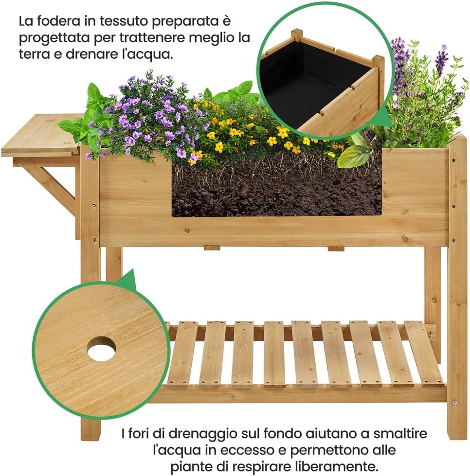 Thumbnail 5 de Yaheetech Fioriera rialzata in legno FSC per balcone e giardino con griglie e ripiano pieghevole 123,5 x 54 x 80 cm