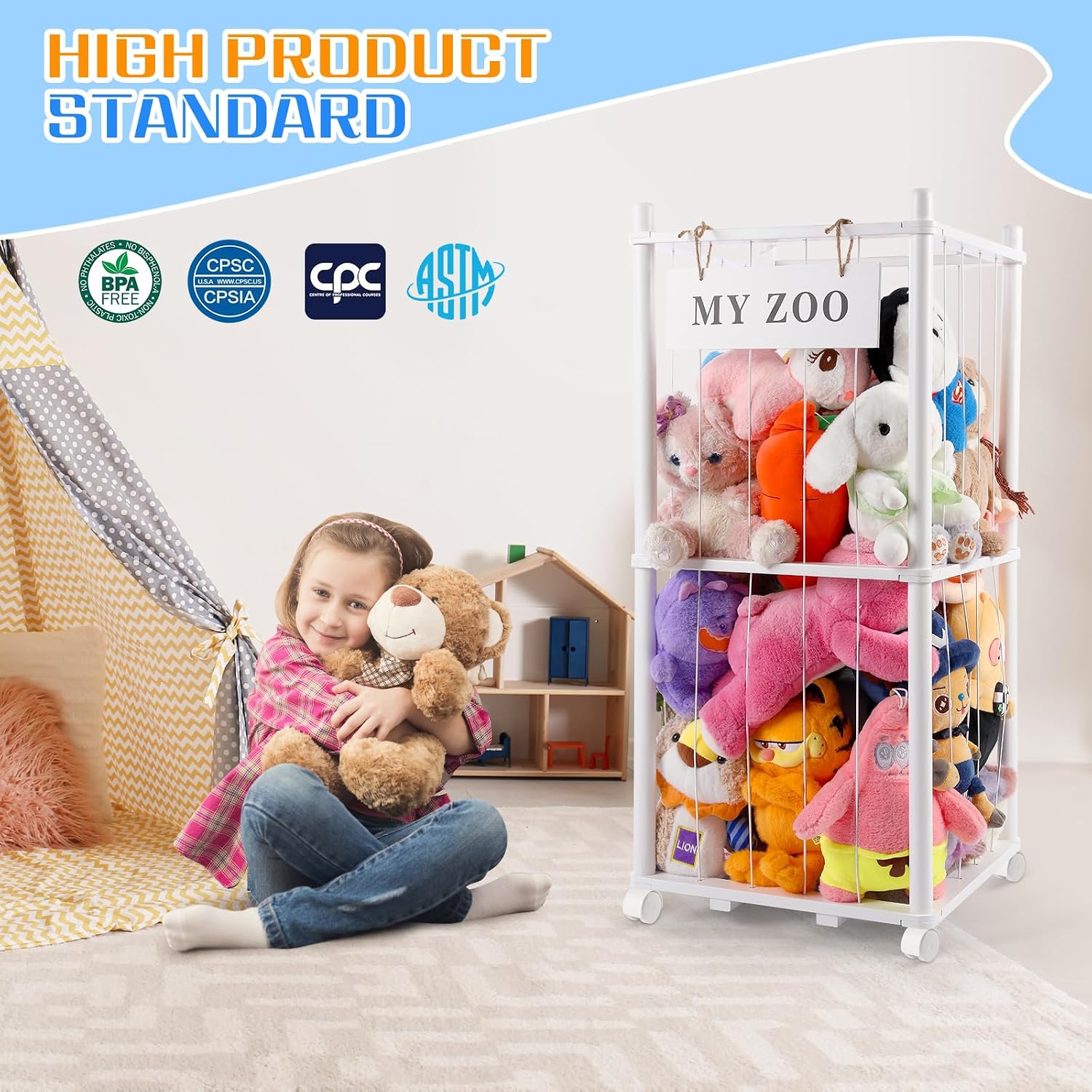 Detalle de GLDZI Stuffed Animal Storage Wooden Organizer, Small White with Wheels