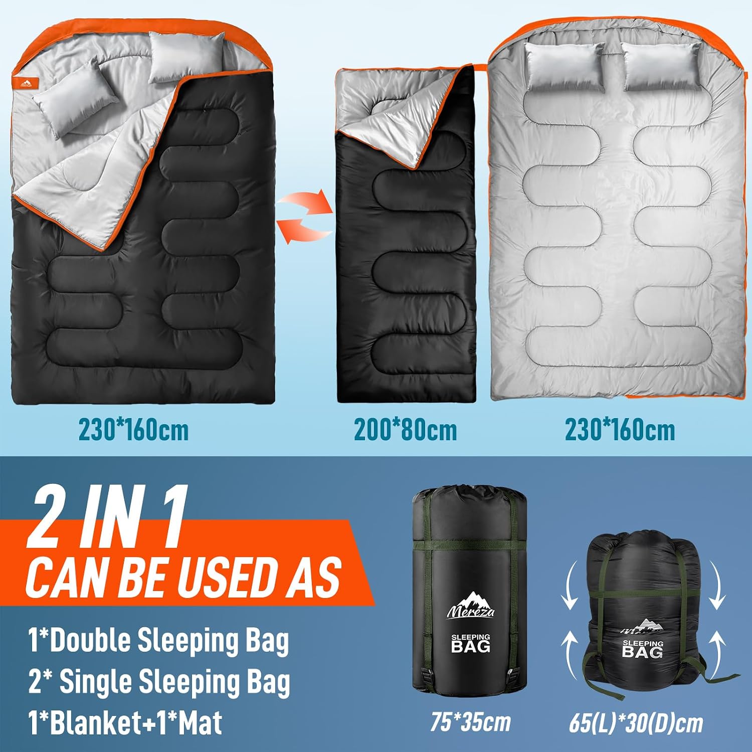 Detalle de MEREZA Double Sleeping Bag for Adults – XL Two‑Person, All‑Season with Pillow