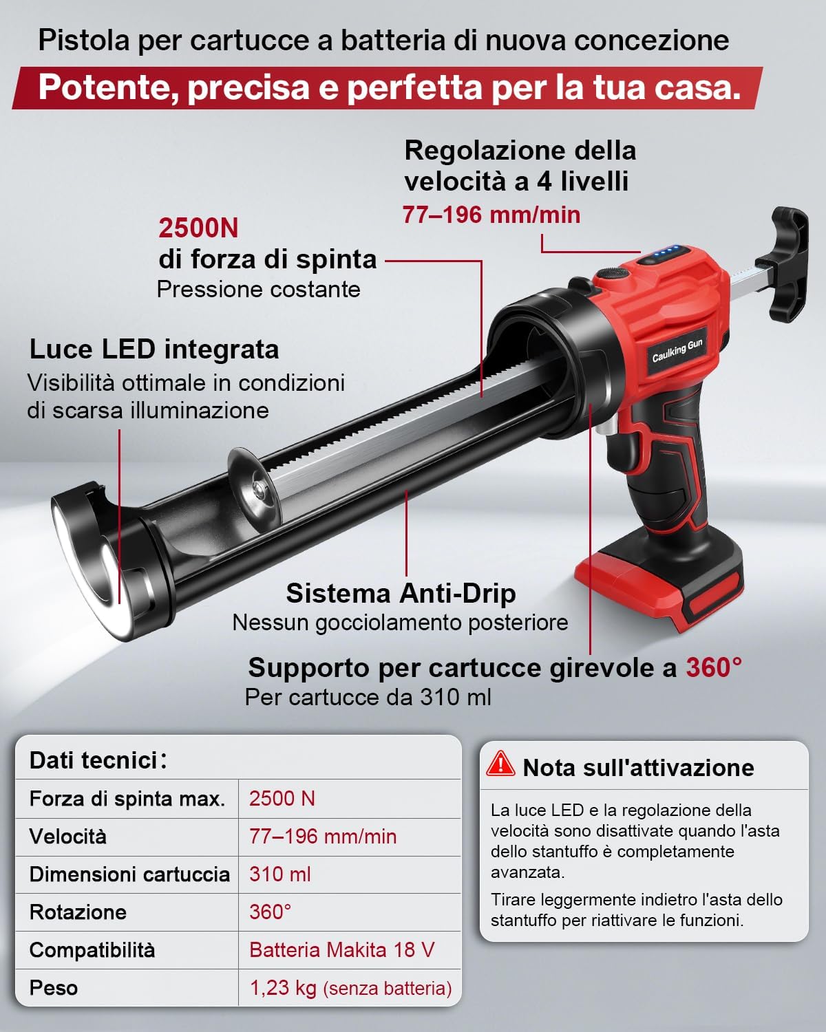 Thumbnail 1 de Lytool Pistola per Silicone Elettrica Senza Filo 18V, 2500N, 4 Velocità – Compatibile Makita 18V (310 ml) – LED, anti-sgocciolamento