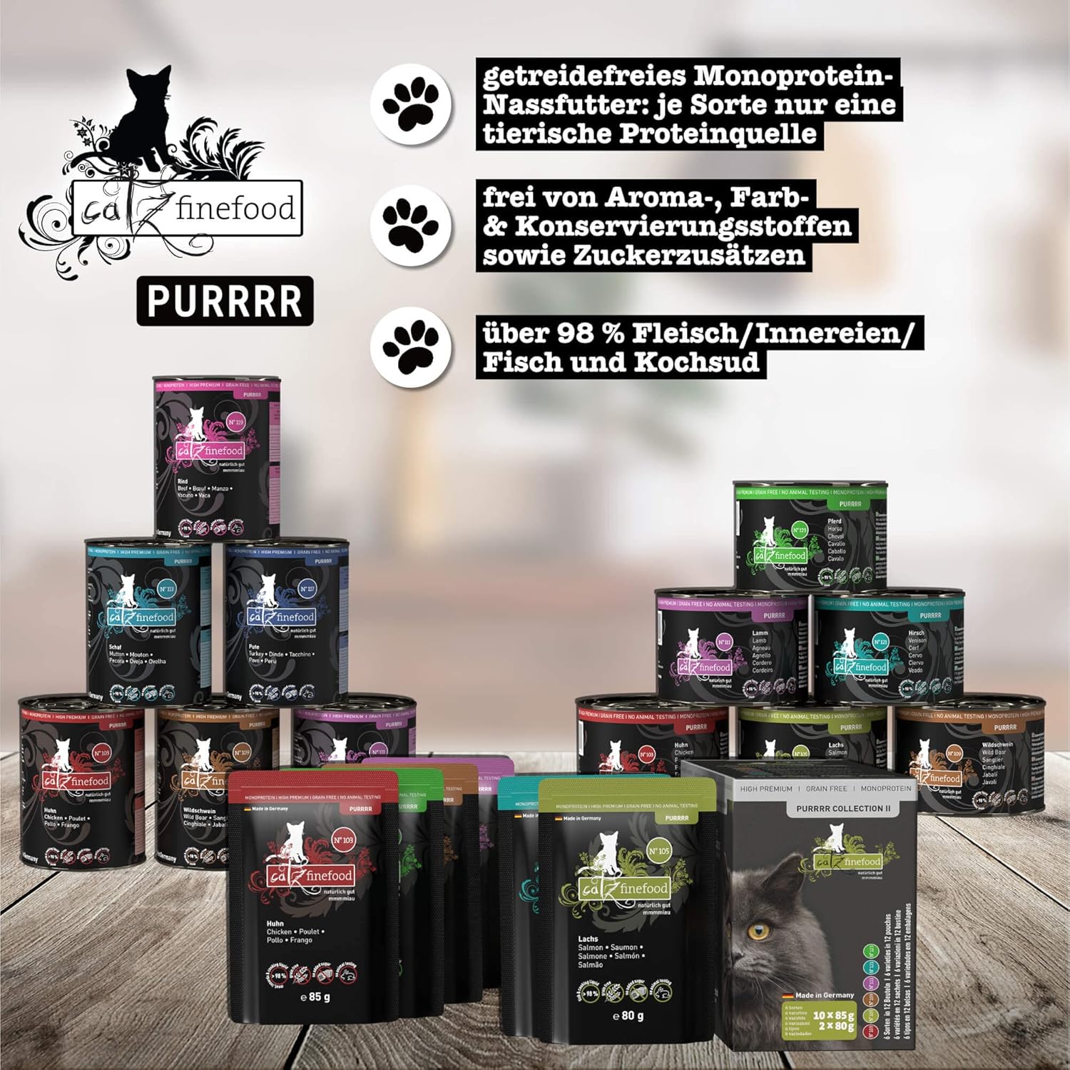 Detalle de catz finefood Purrrr Pferd Monoprotein Katzenfutter Nass N° 123 – 70% Pferdefleisch, 16 x 85 g Beutel
