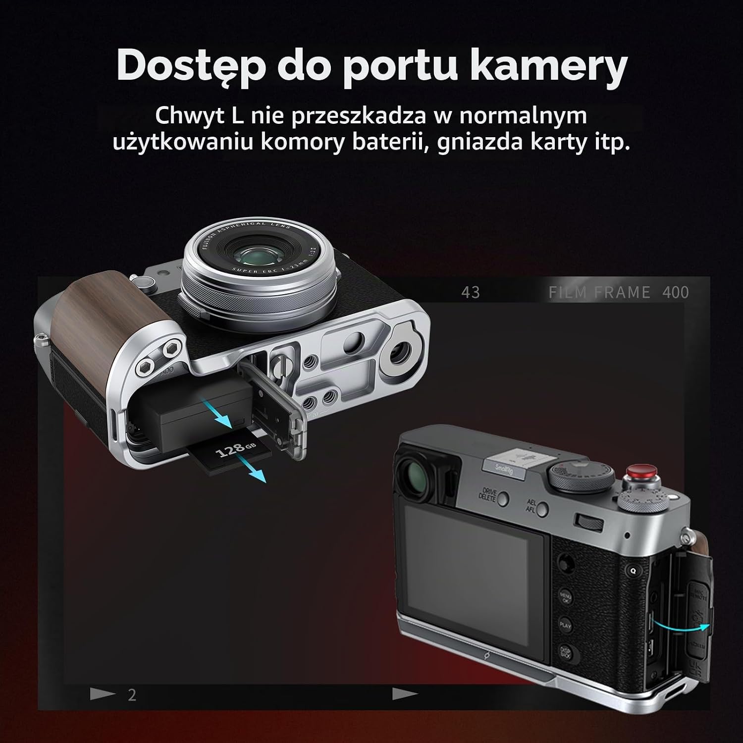 Detalle 2 de SMALLRIG 4804 – drewniany uchwyt L do Fujifilm X100VI/X100V z płytką Arca