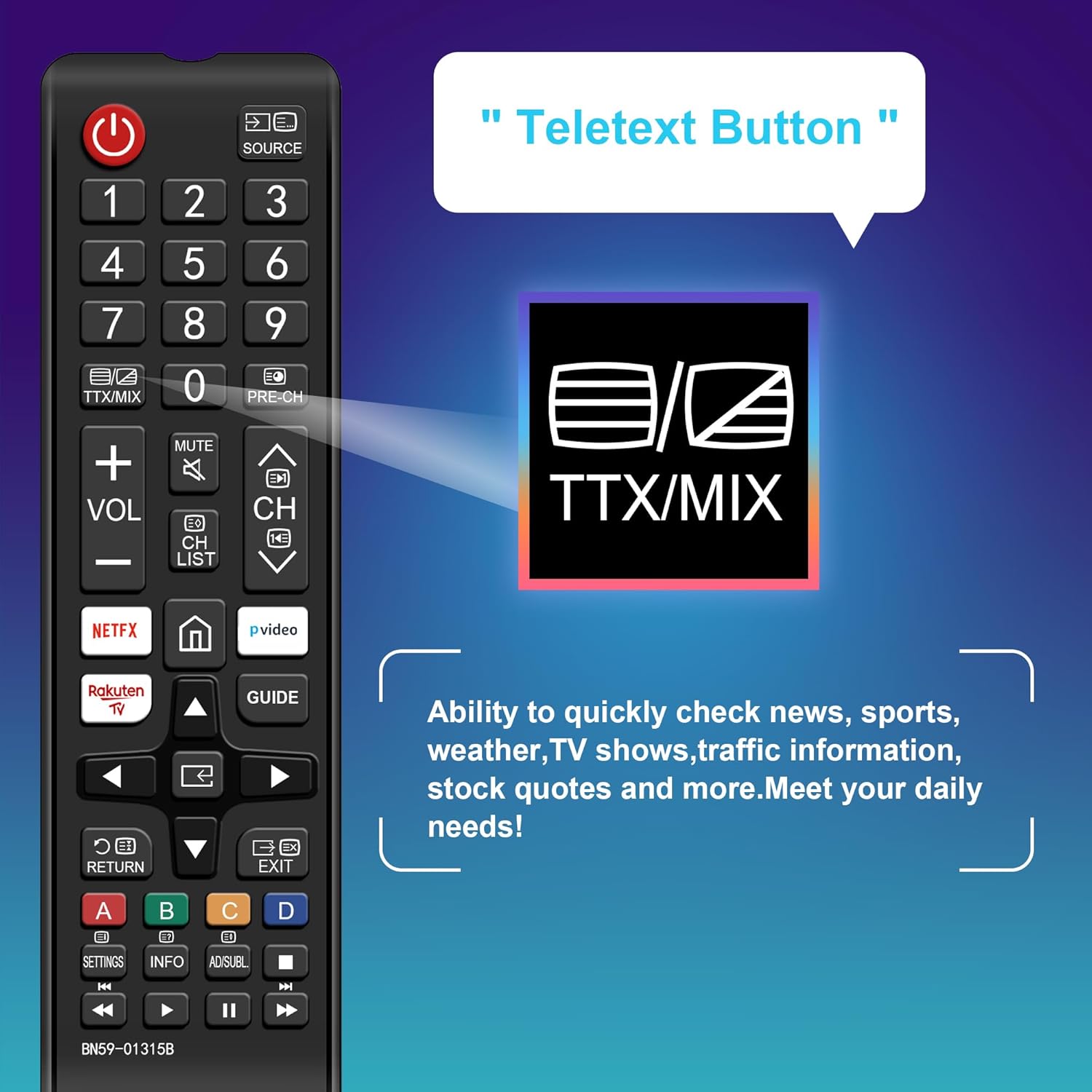 Thumbnail 6 de Samsung BN59-01315B replacement universal remote for Smart TVs (solar/Frame/Neo QLED etc.) with teletext buttons
