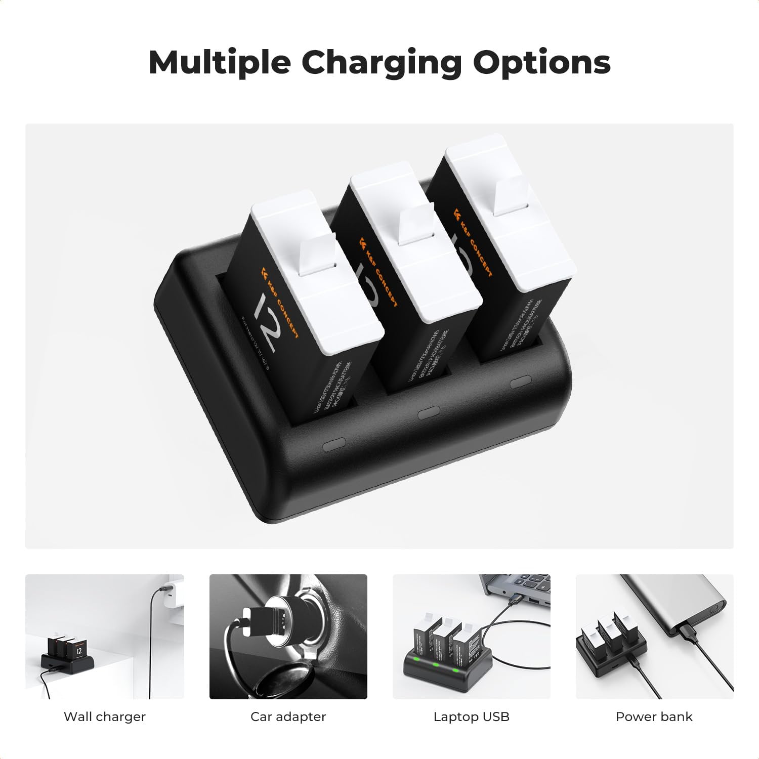Detalle de K&F CONCEPT 3-Pack Replacement Batteries for Hero 12 with 3-Channel Quick Charger (1730mAh)