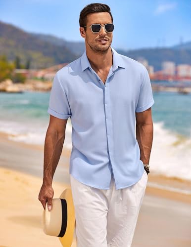 Thumbnail 1 de COOFANDY Summer Shirts Men Short Sleeve Linen Button Down – Light Blue (XL)