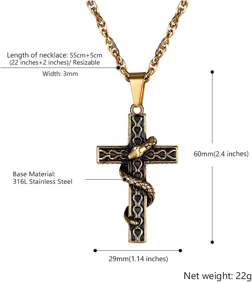 Thumbnail 2 de Collier PROSTEEL unisexe avec pendentif croix entourée de serpent en acier inoxydable 316L plaqué or 18k (ou argent 925)