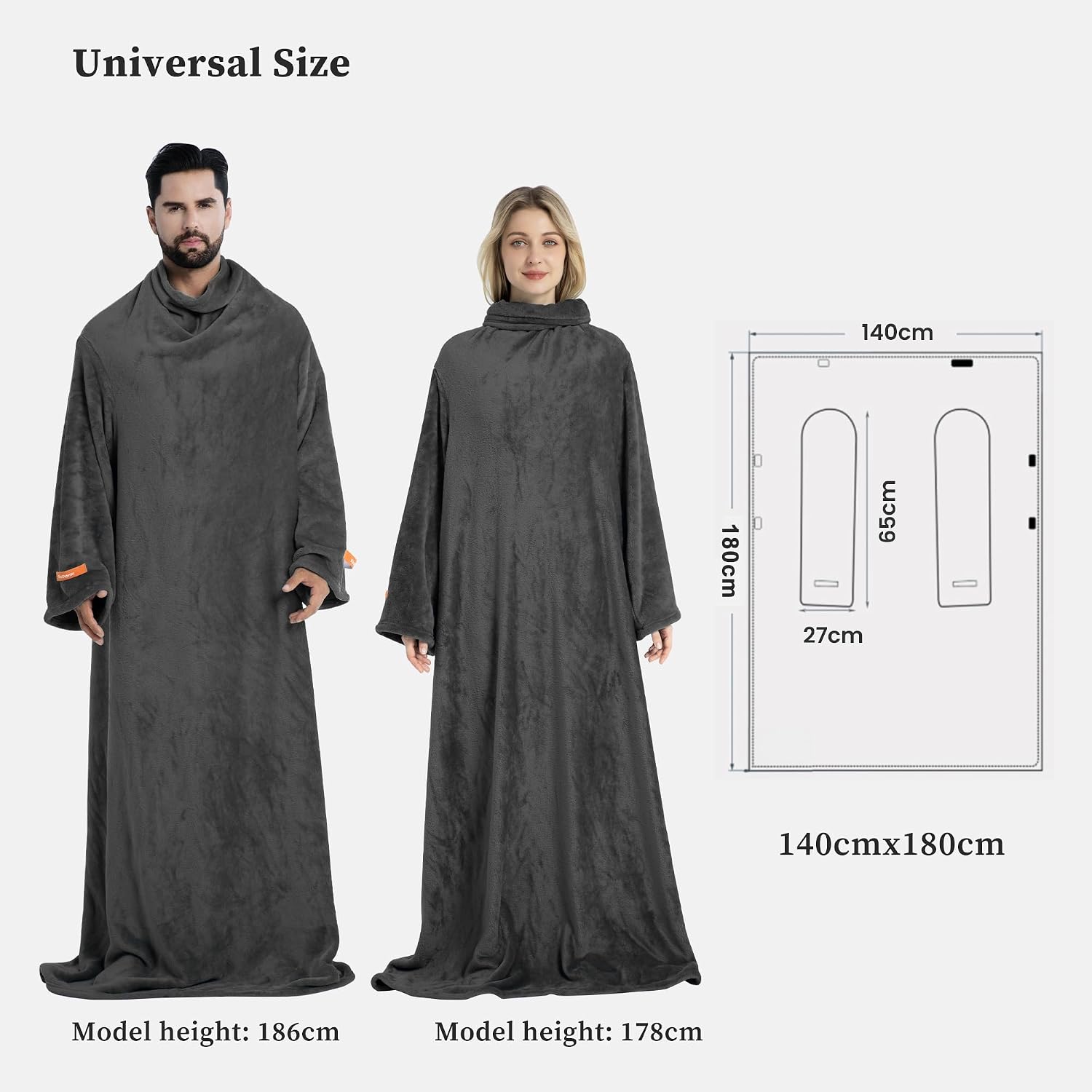 Detalle 2 de Winthome Grey Print Wearable Blanket with Sleeves, Flannel, 55.1" x 70.8