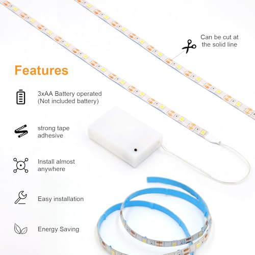 Detalle 2 de Auting Tira de pilas LED de 1 metro con 30 LED y luz blanca cálida (para debajo del armario)