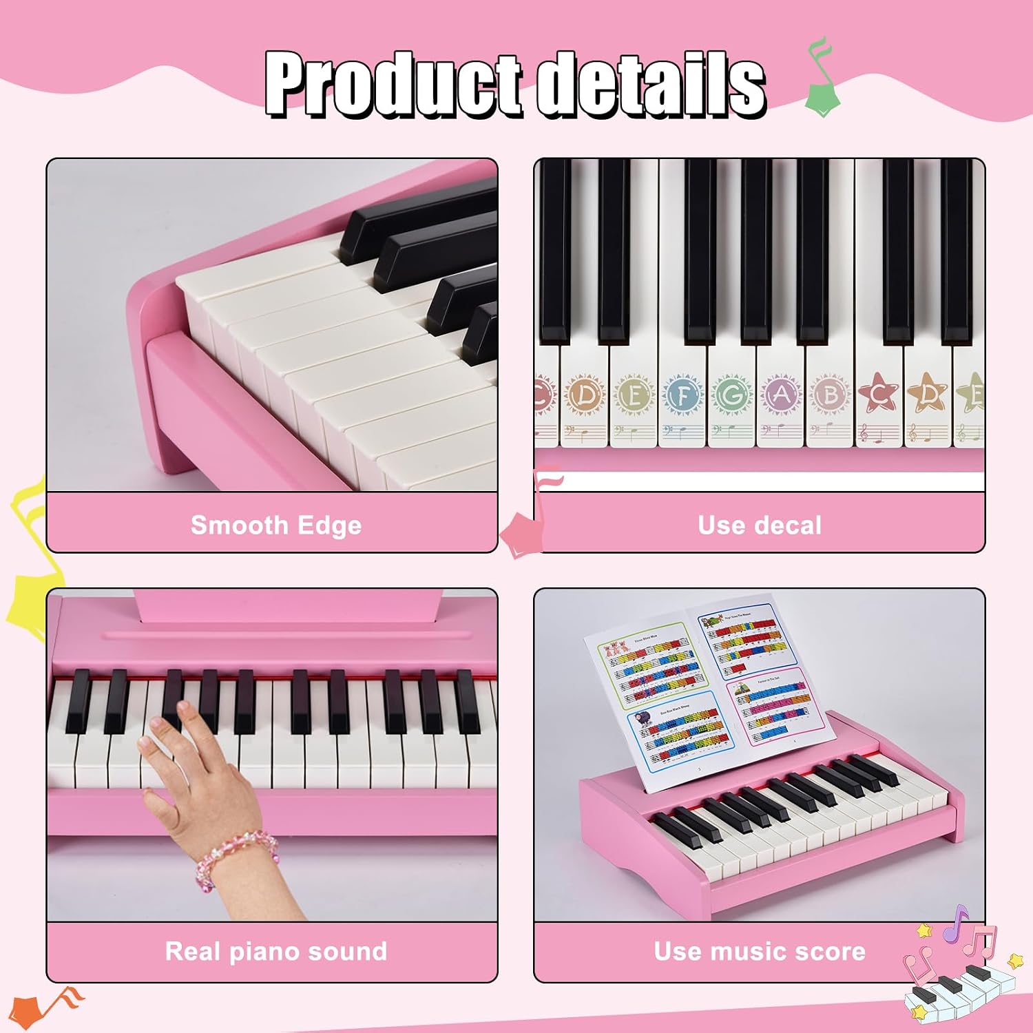 Detalle 2 de Kids Piano Keyboard Toys – 25-key digital wooden piano with songbook, sticker set and English lyrics (Pink)