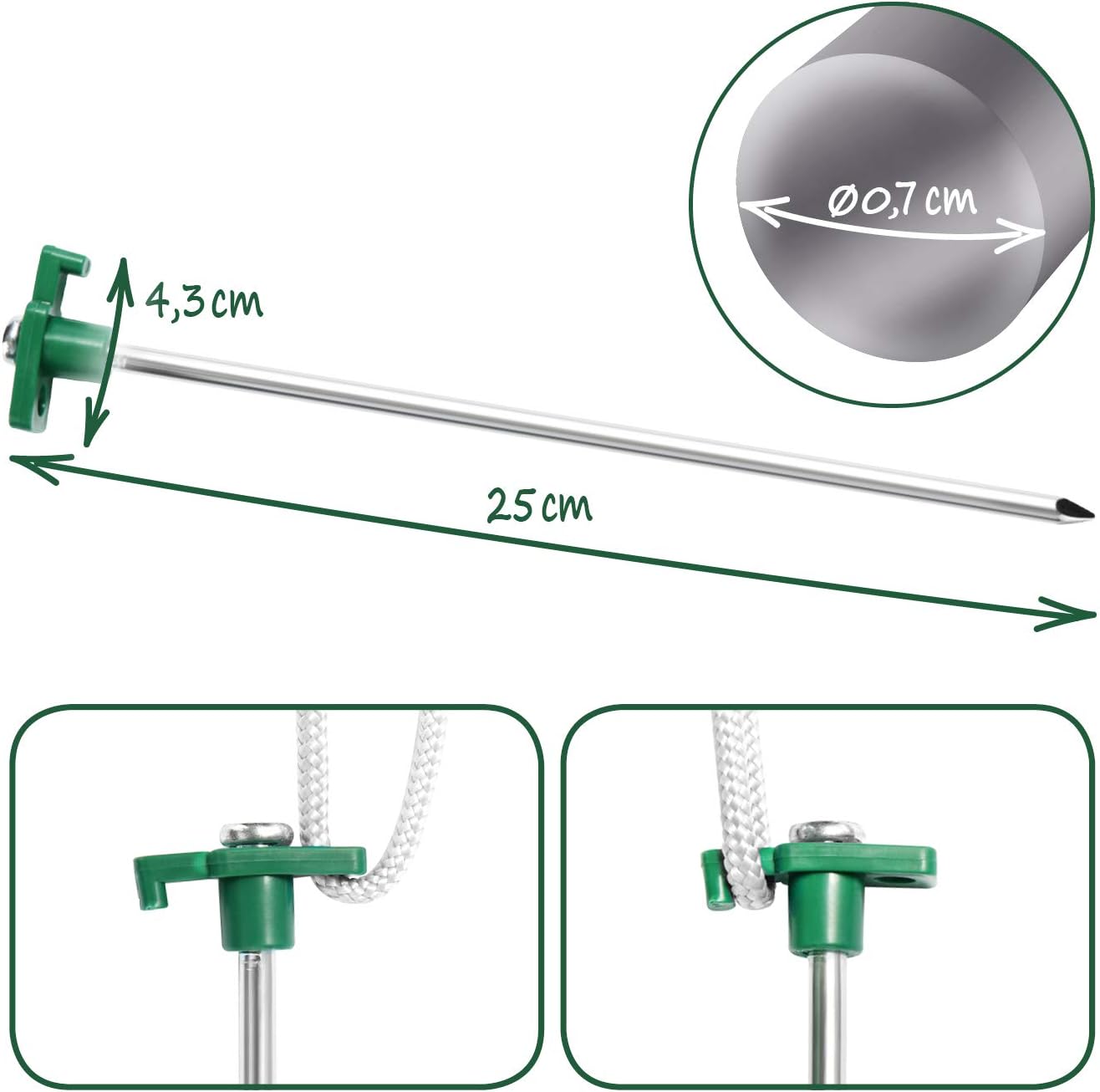 Thumbnail 5 de com-four® 16x Pioli per tenda - Pioli lunghi in acciaio con montatura in plastica (Ø7 mm, 25 cm) per campeggio e outdoor