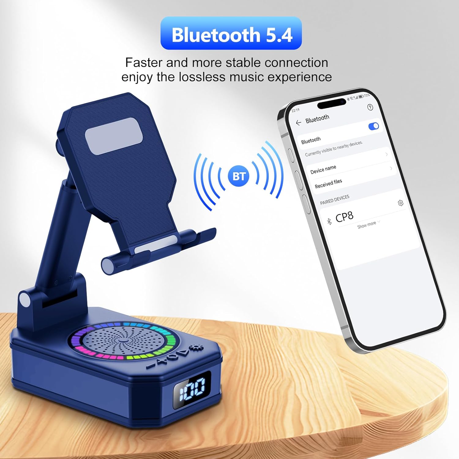 Detalle de Vatertagsgeschenk für Papa: 4-in-1 Bluetooth-Lautsprecher mit Handyhalter, LED-Licht, langer Akku und Trageständer (Blau)