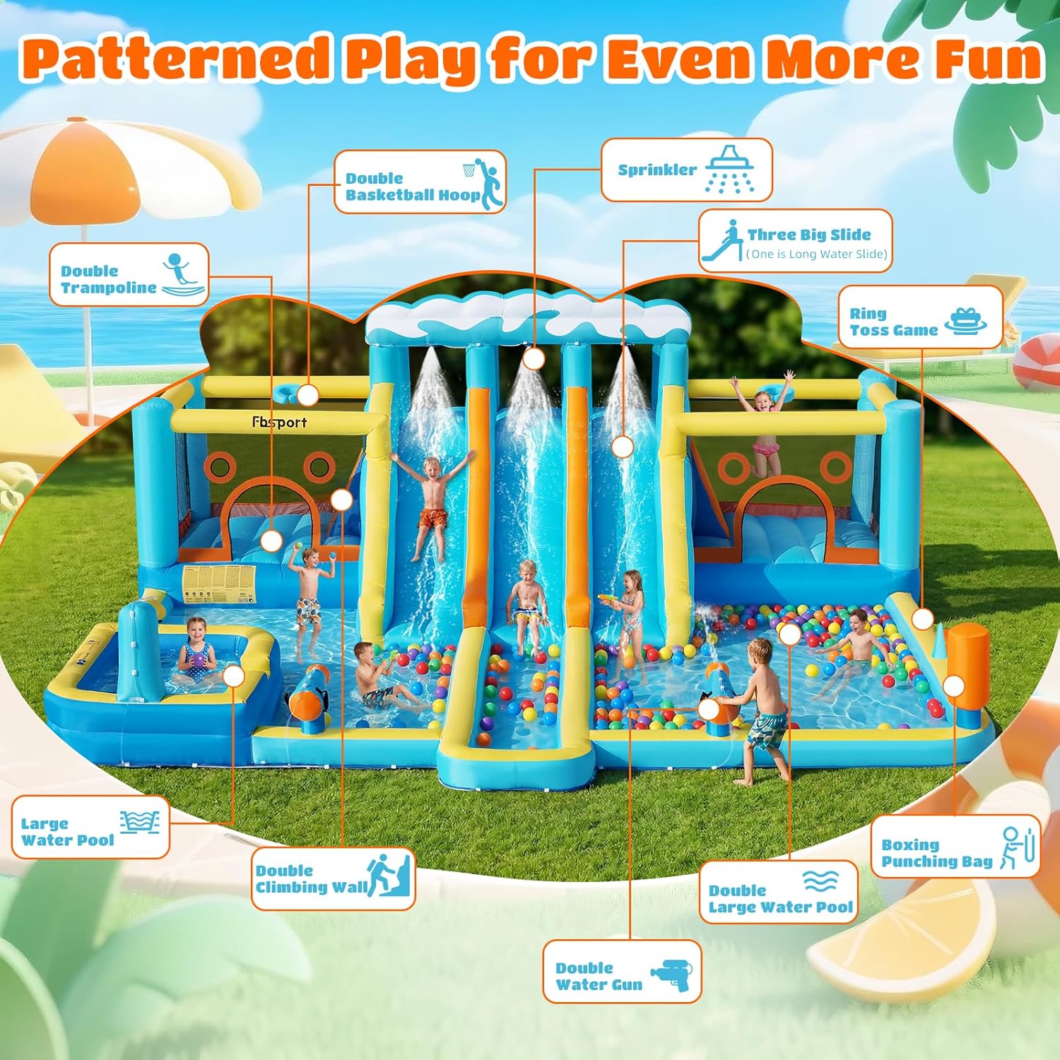 Thumbnail 1 de FBSPORT Inflatable Bounce House Water Slide with 3 Slides and 2 Bouncers: 10-in-1 Outdoor Play for Kids