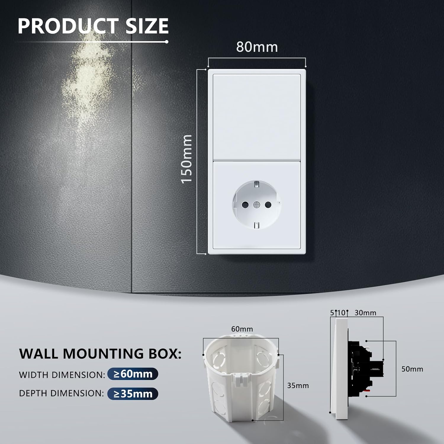 Thumbnail 1 de BSEED Lichtschalter mit Steckdose, 1-fach 1-Wege Unterputz (Schuko) im modernen Wandschalter-Design, weiß