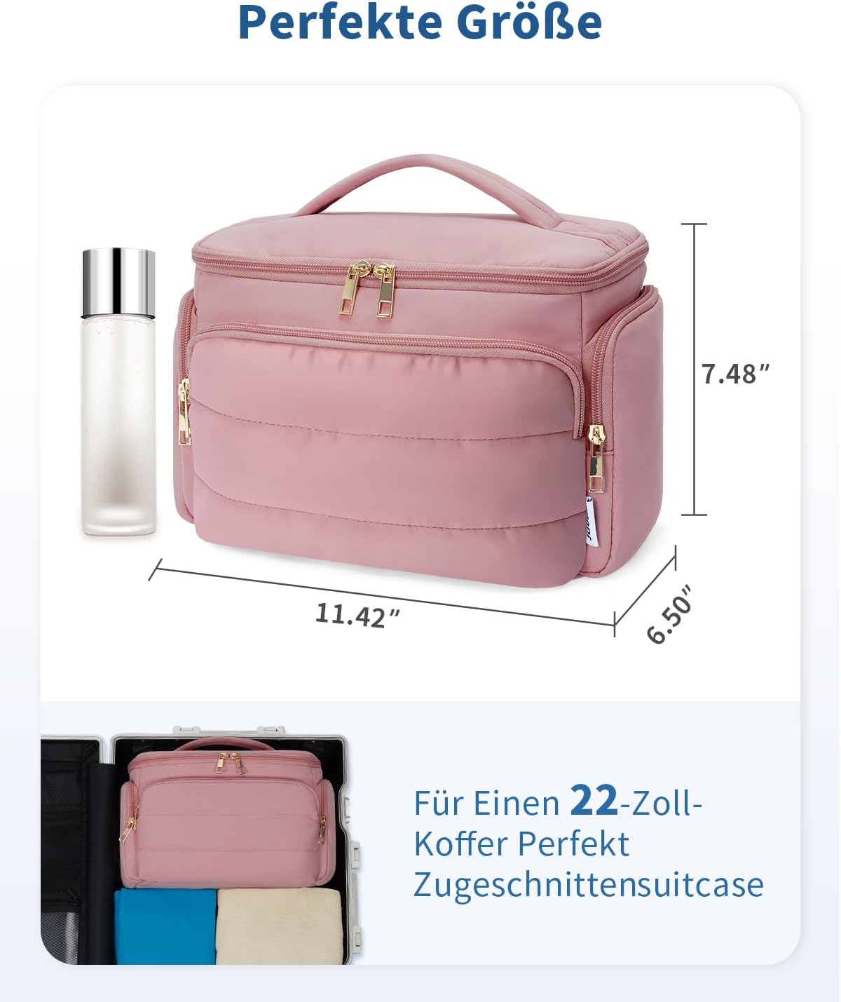 Detalle de WANDF Reise-Kulturbeutel für Damen – weit geöffnete Kosmetiktasche mit Griff, Rosa (29 x 16,5 x 19 cm)
