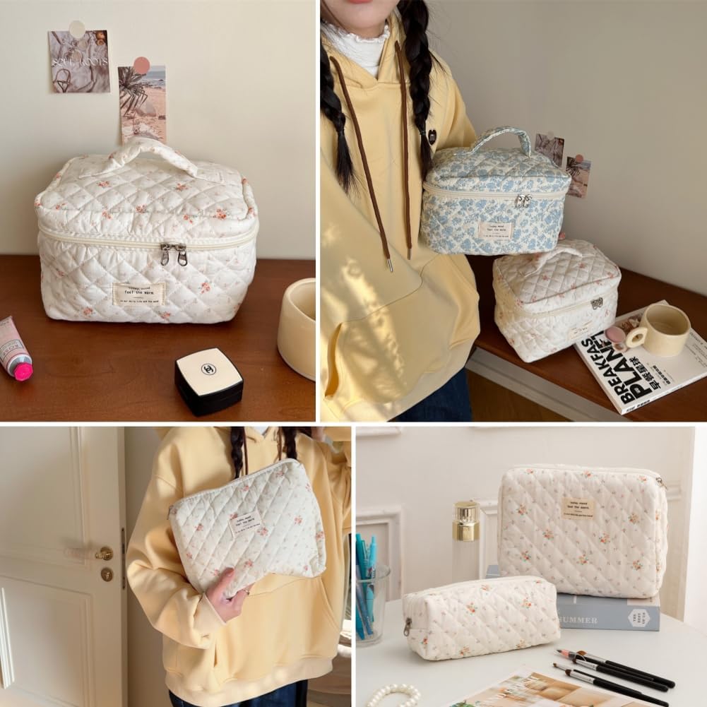 Detalle de Aucuu 3PCS Kosmetiktasche-Set mit Blumenmuster – gesteppt, Baumwollstoff, Reise-Organizer für Damen