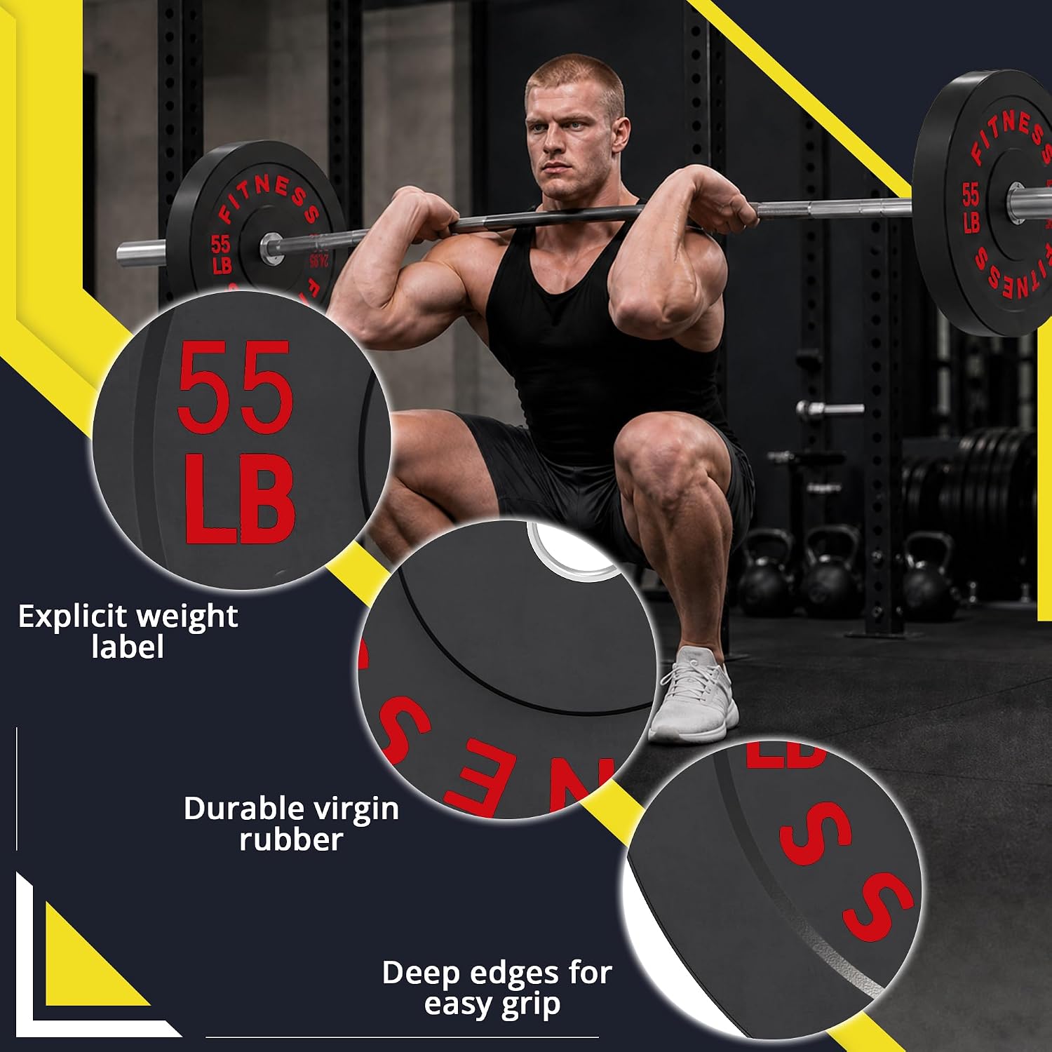 Detalle de HULKFIT HFCLR100SETBAR Olympic Bumper Plate Set with 7ft Bar, 100–390 lb